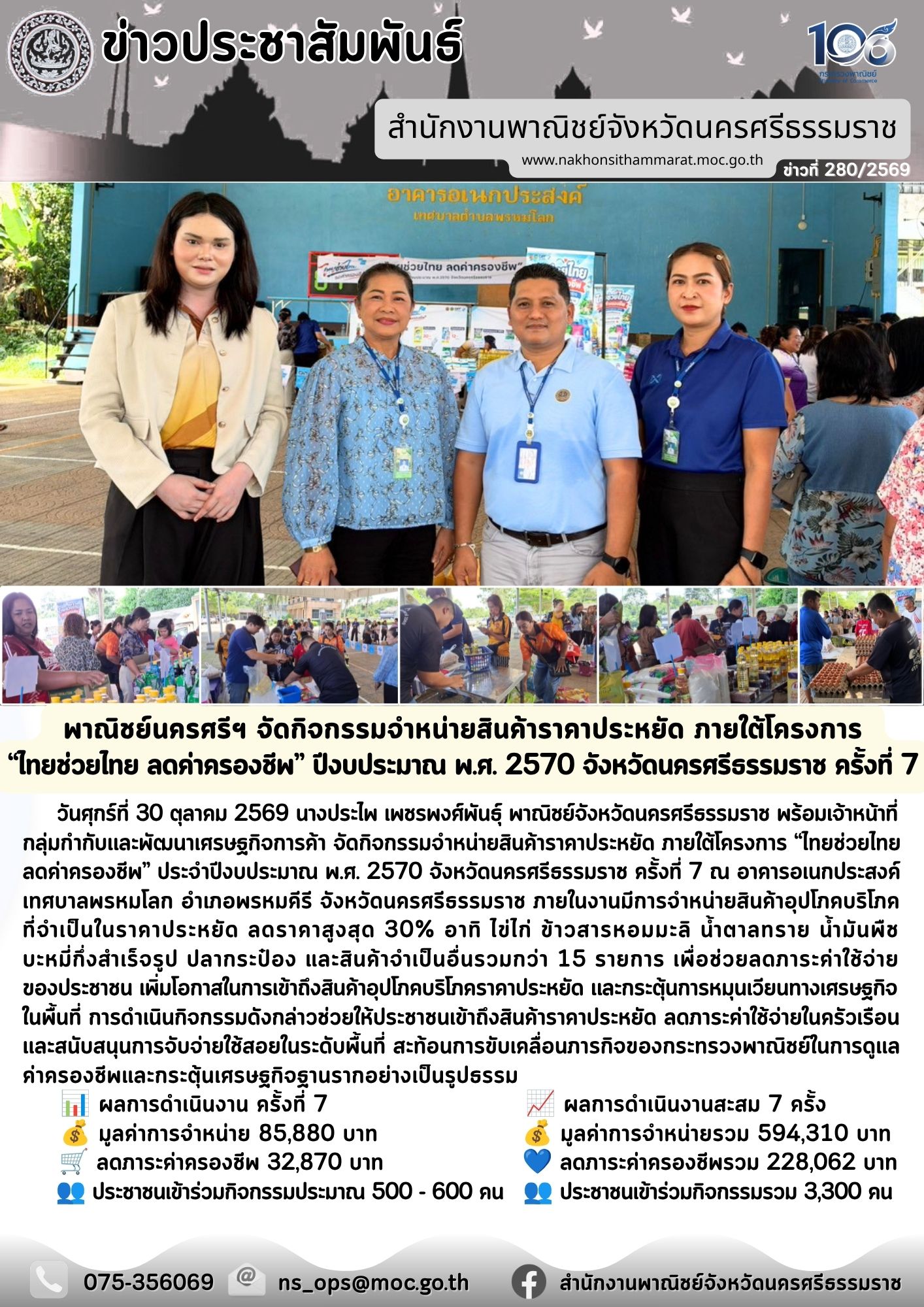 พาณิชย์นครศรีฯ จัดกิจกรรมจำหน่ายสินค้าราคาประหยัด ภายใต้โครงการ “ไทยช่วยไทย ลดค่าครองชีพ” ปีงบประมาณ พ.ศ. 2570 จังหวัดนครศรีธรรมราช ครั้งที่ 7